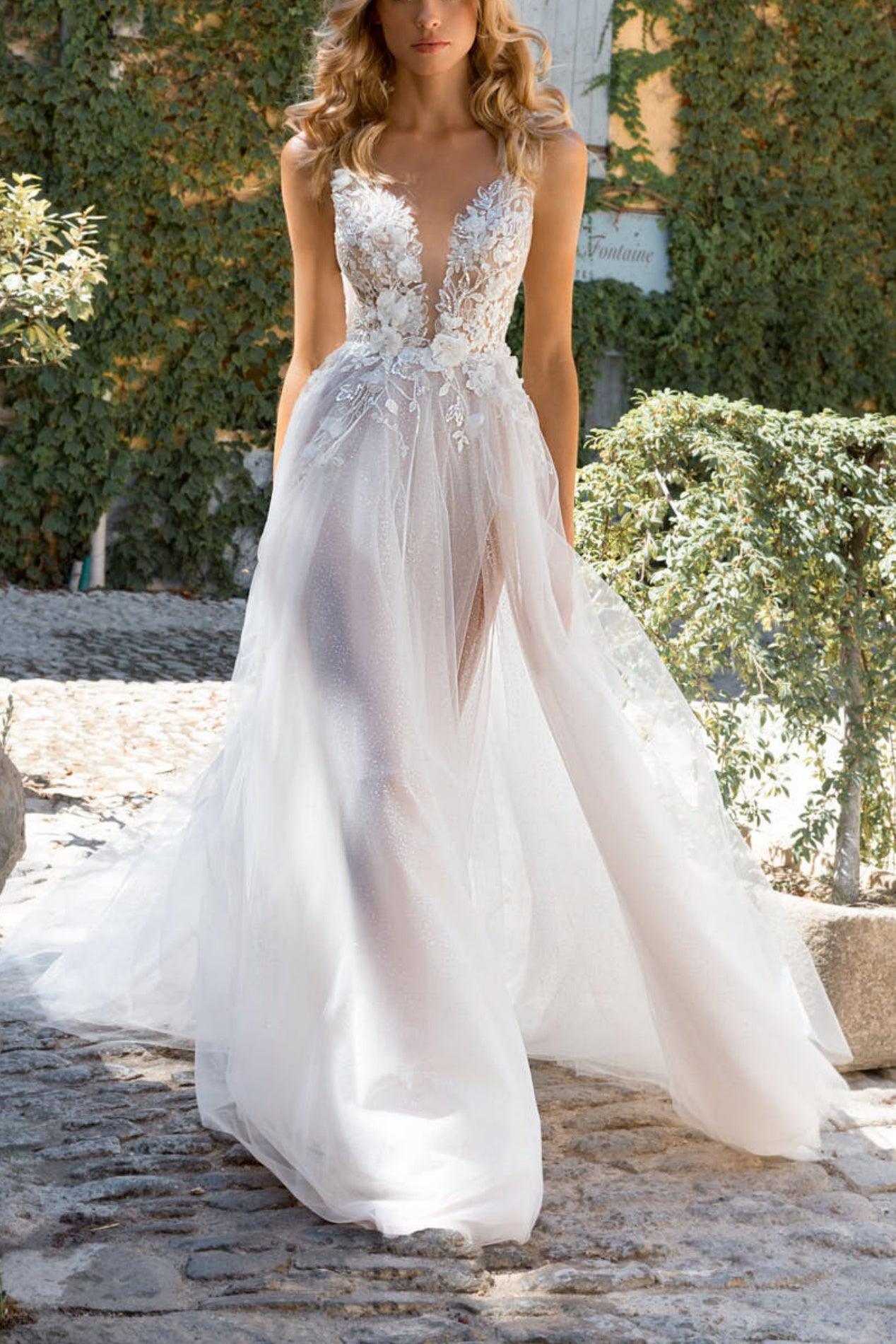 A-Line Sweep-Brush Train Lace Tulle Wedding Dress CW3115 - 25 Days / As Picture:Ivory/Champagne / US0-UK2-EUR30 - COCOMELODY